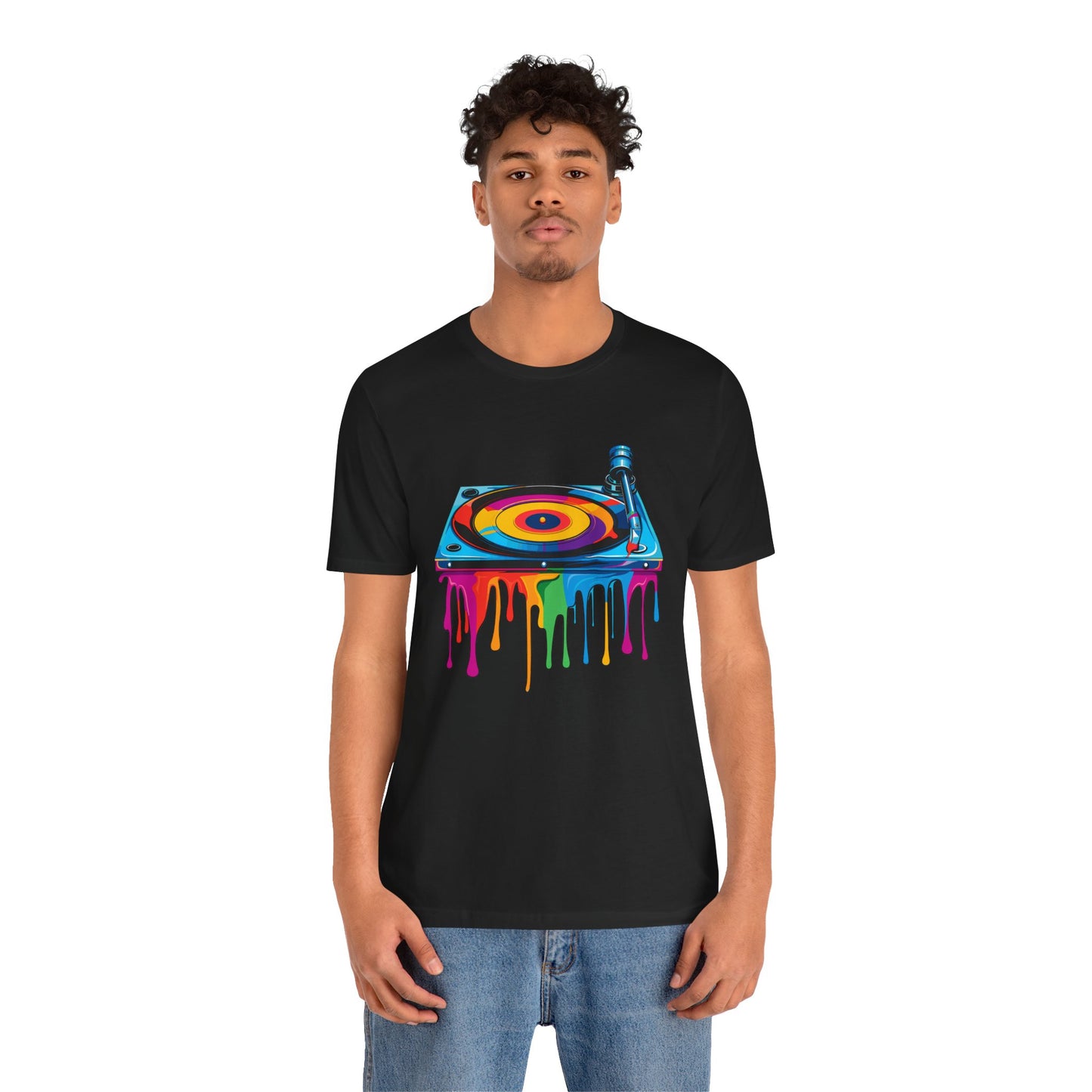 Colorful Drip Turntable Unisex Jersey Tee - Music Lover's Graphic T-Shirt