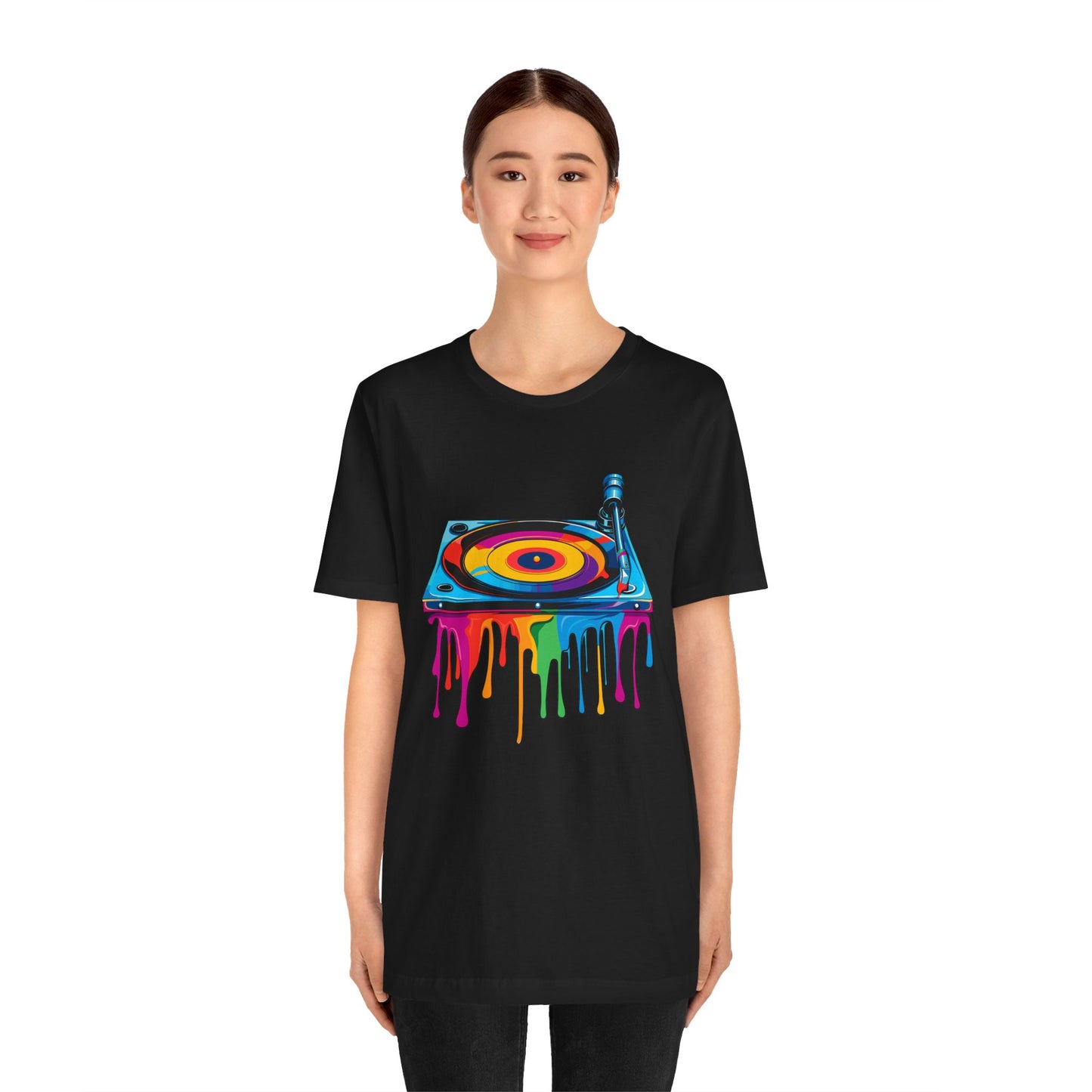 Colorful Drip Turntable Unisex Jersey Tee - Music Lover's Graphic T-Shirt