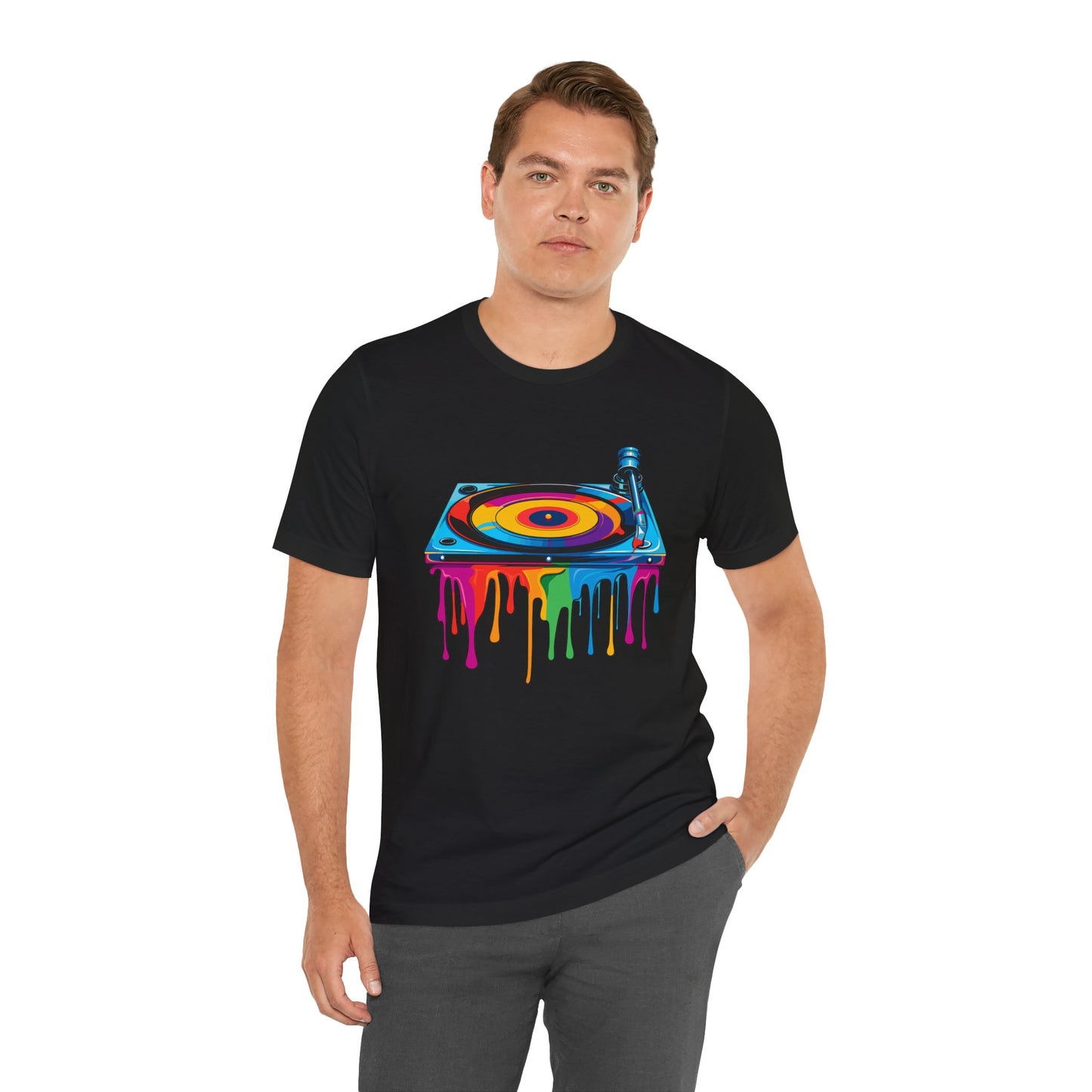 Colorful Drip Turntable Unisex Jersey Tee - Music Lover's Graphic T-Shirt