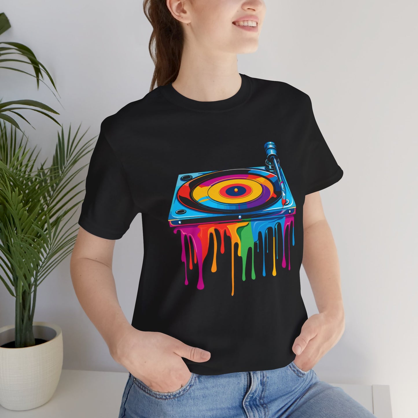 Colorful Drip Turntable Unisex Jersey Tee - Music Lover's Graphic T-Shirt