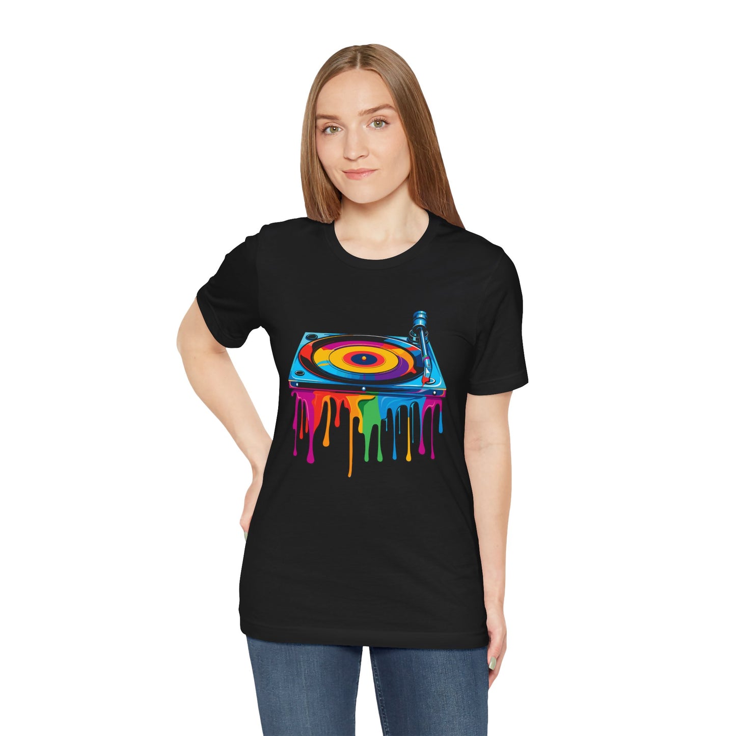 Colorful Drip Turntable Unisex Jersey Tee - Music Lover's Graphic T-Shirt