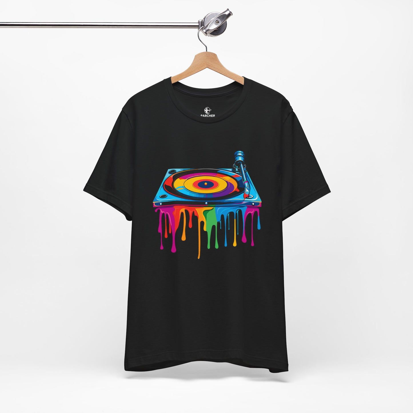 Colorful Drip Turntable Unisex Jersey Tee - Music Lover's Graphic T-Shirt